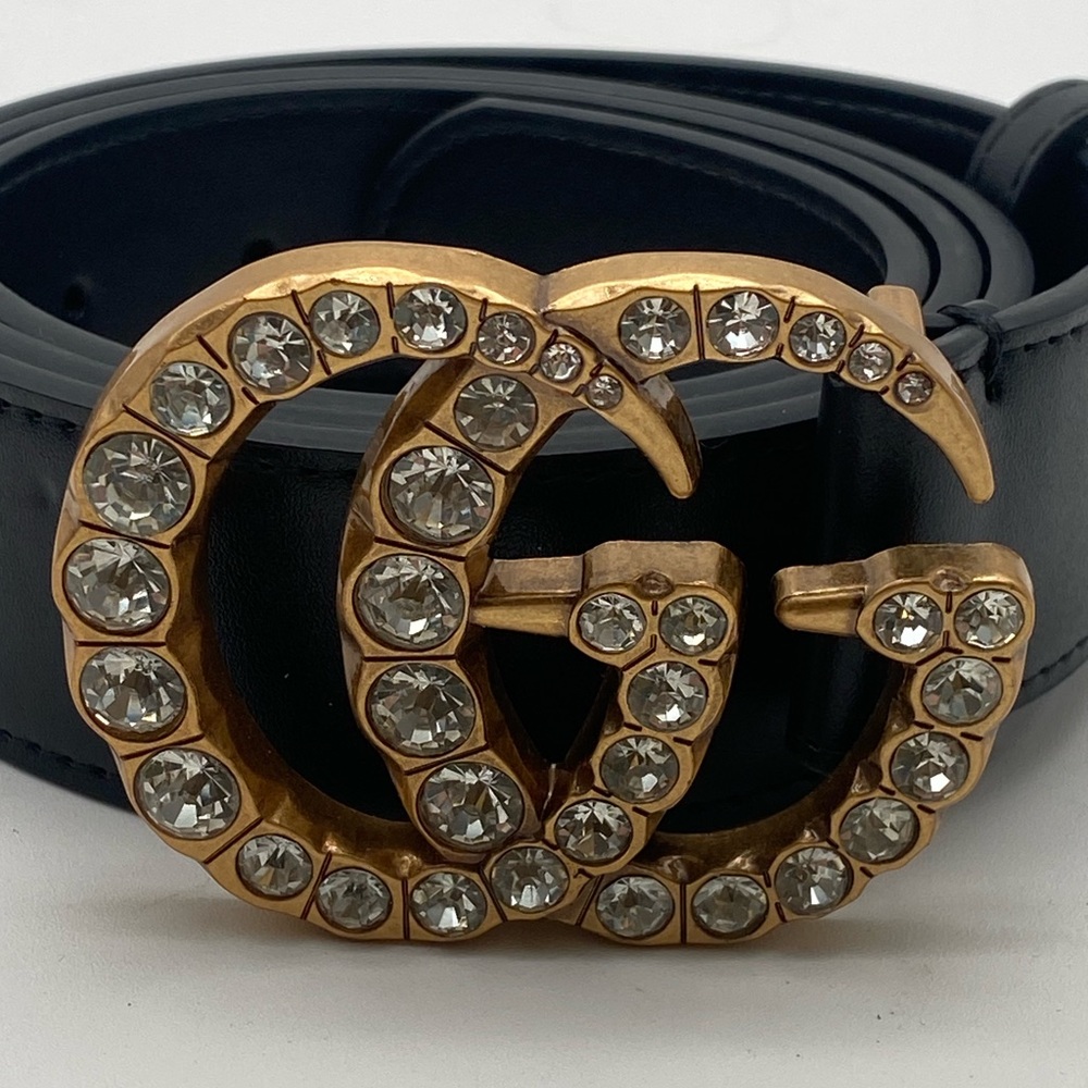 Gucci Black Leather Rhinestone Crystal GG Marmont Buckle Belt 110 XL W/ Box - Picture 6 of 14